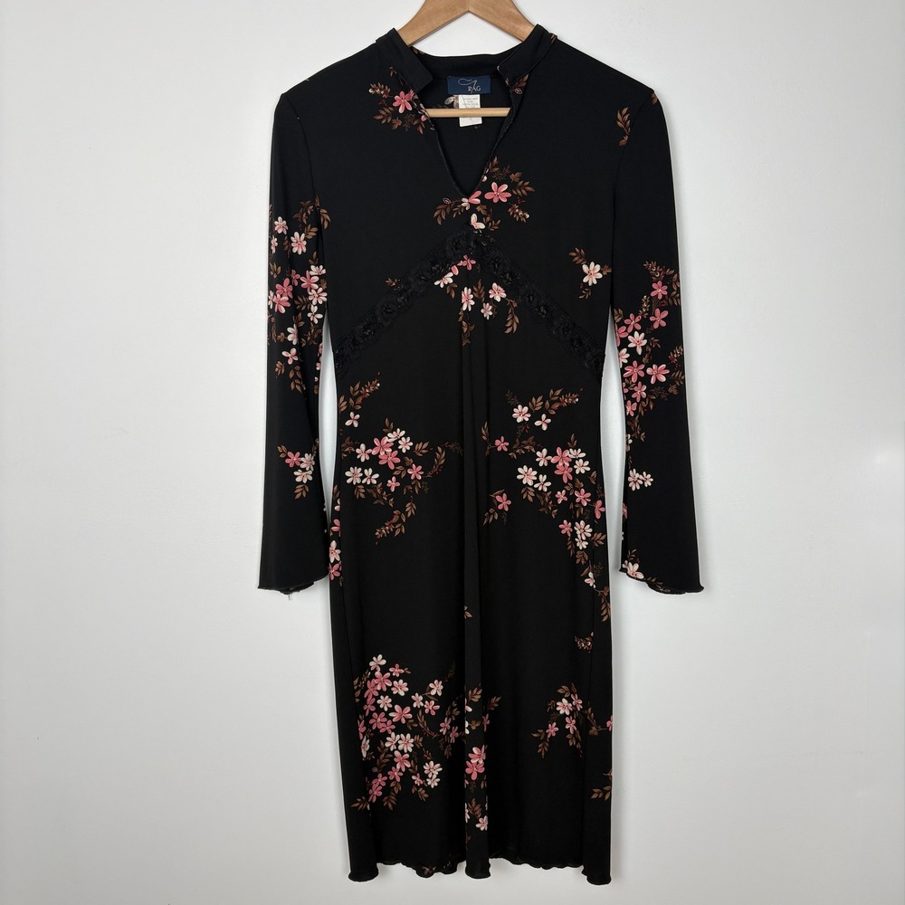 RAG Vintage Black Floral Lace Bell Sleeve Midi Dress Size S‎ Y2K 90s Whimsigoth